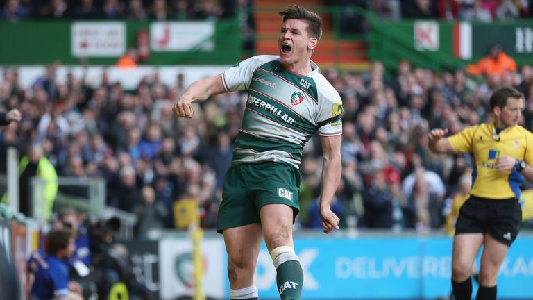 Leicester's Freddie Burns celebrates scoring a try