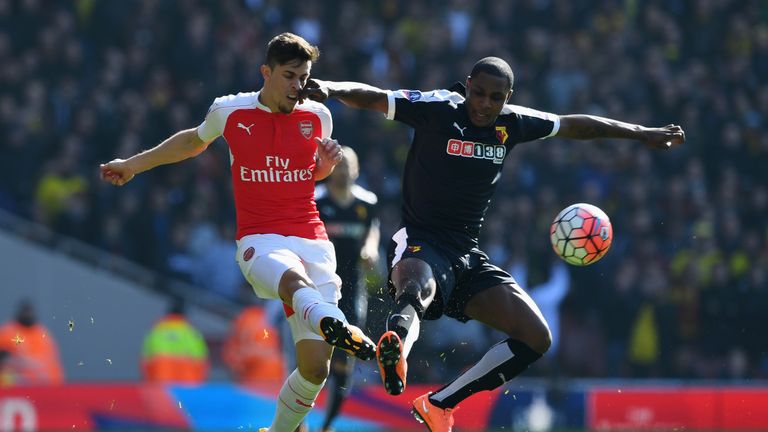  Gabriel of Arsenal battles with Odion Ighalo of Watford during the Emirates FA Cup sixth round match between Arsenal and Watfo