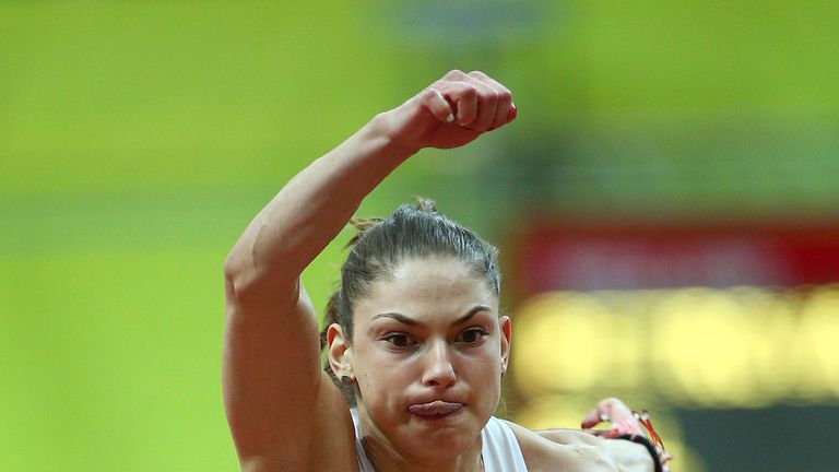 PRAGUE, CZECH REPUBLIC - MARCH 08:  Gabriela Petrova of Bulgaria competes in the Women's Triple Jump Final during day three of the 2015 European Athletics 