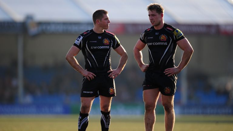 Gareth Steenson of Exeter Chiefs (left) chats with team-mate Sam Hill during the Aviva Premiership match between Exeter and Newcastle