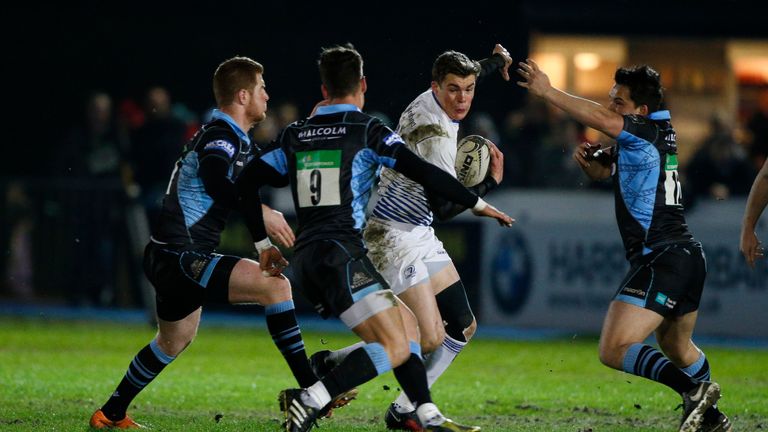 Leinster winger Garry Ringrose is closed down by the Glasgow defence