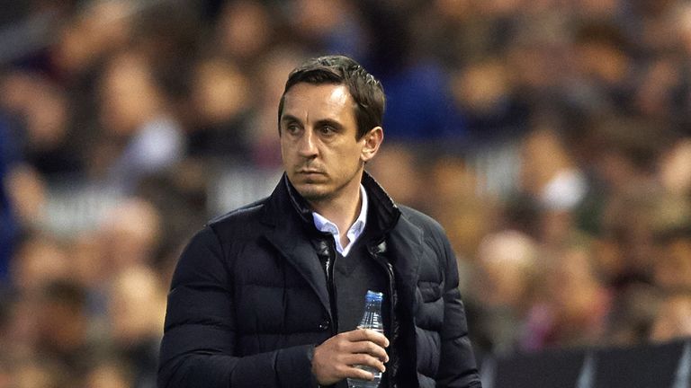Gary Neville manager of Valencia CF looks on