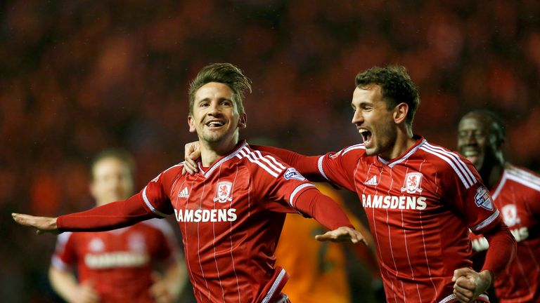 Middlesbrough's Gaston Ramirez (left) celebrates scoring his side's first goal against Wolves