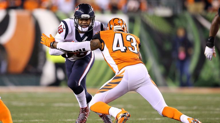 George Iloka #43 of the Cincinnati Bengals attempts to tackle Cecil Shorts III #18 of the Houston Texans during the third qu