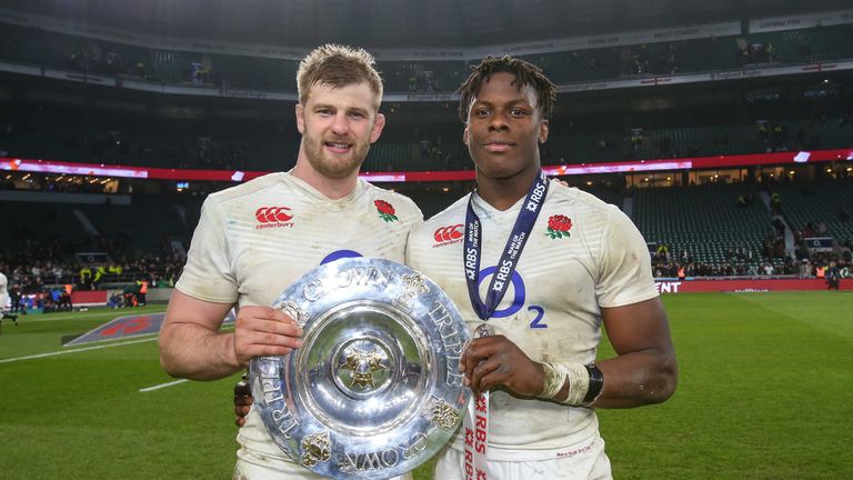 England's George Kruis and Maro Itoje with the RBS 6 Nations Triple Crown trophy