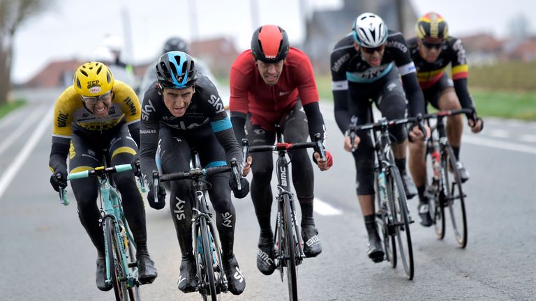 Geraint Thomas leads an escape in the 2015 Ghent-Wevelgem
