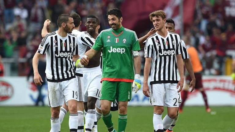 Gianluigi Buffon (C) of Juventus celebrates victory and his record of minutes without conceding goals at the end of the Serie A match against Torino