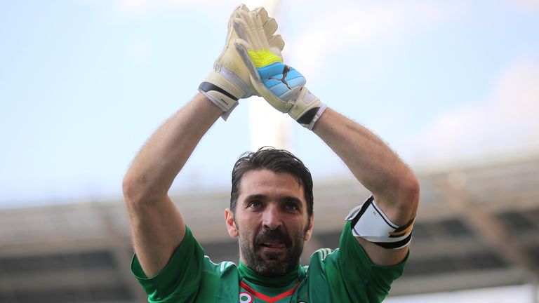 Juventus' goalkeeper Gianluigi Buffon celebrates win over Torino, during which he set a new Serie A record for minutes without conceding