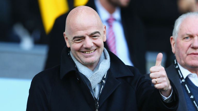 SWANSEA, WALES - MARCH 05:  New FIFA President Gianni Infantino thumbs up prior to the Barclays Premier League match between Swansea City and Norwich City 