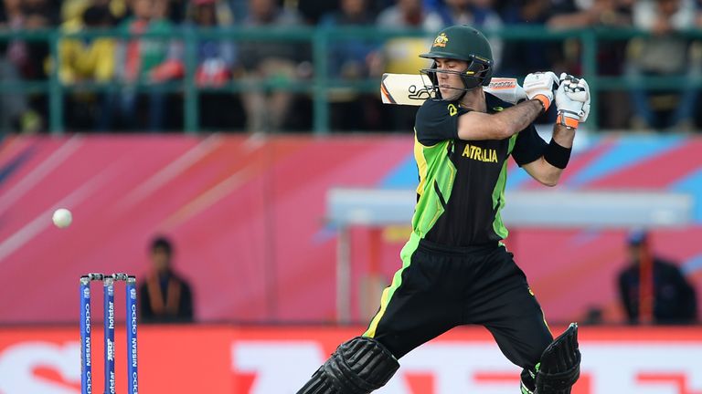 Australia's Glenn Maxwell plays a shot during the World T20 cricket tournament match between Australia and New Zealand