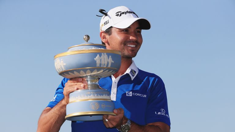 Jason Day poses with the Walter Hagen Cup after defeating Louis Oosthuizen