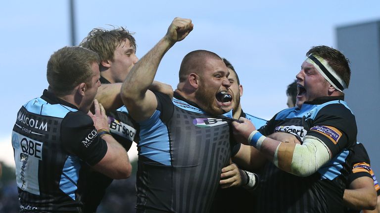 Gordon Reid of Glasgow Warrior reacts after scoring a try during The Glasgow Warriors and Munster RaboDirect Pro 12 Semi Final