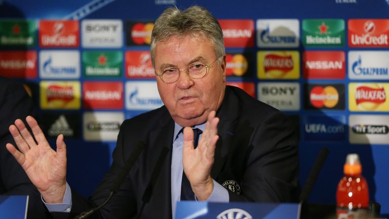 Guus Hiddink, interim manager of Chelsea, during a media conference ahead of their UEFA Champions League game with PSG
