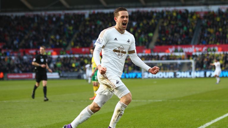 Gylfi Sigurdsson of Swansea City celebrates