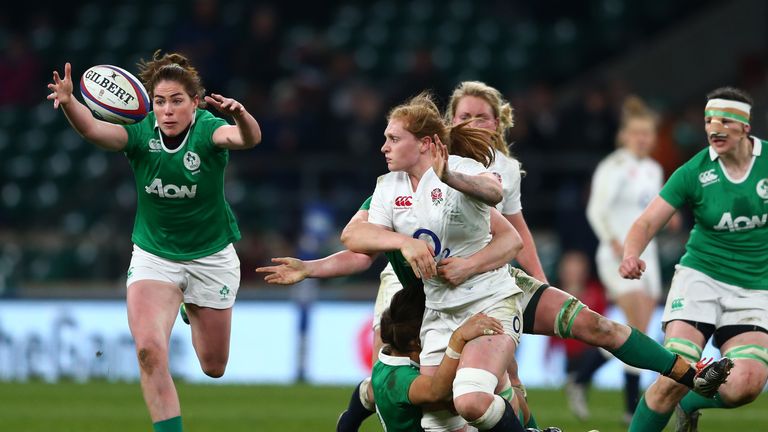 Harriet Millar-Mills of England offloads during the Women's Six Nations match between England and Ireland at Twickenham Stadium