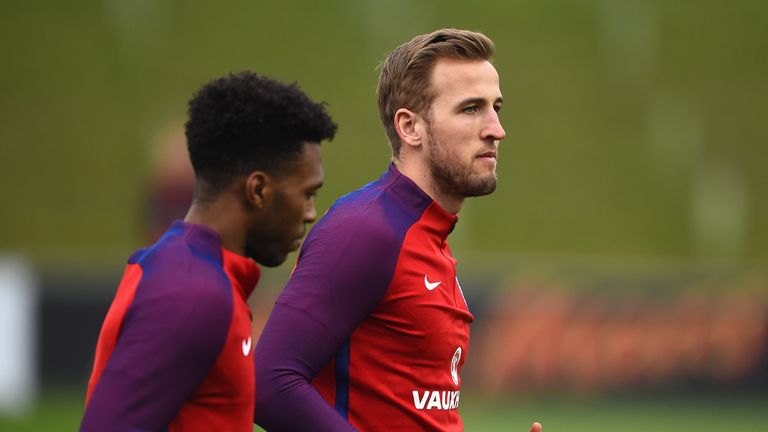 BURTON-UPON-TRENT, ENGLAND - MARCH 22: Harry Kane of England trains with Daniel Sturridge during England Training Session and Press Conference at St George