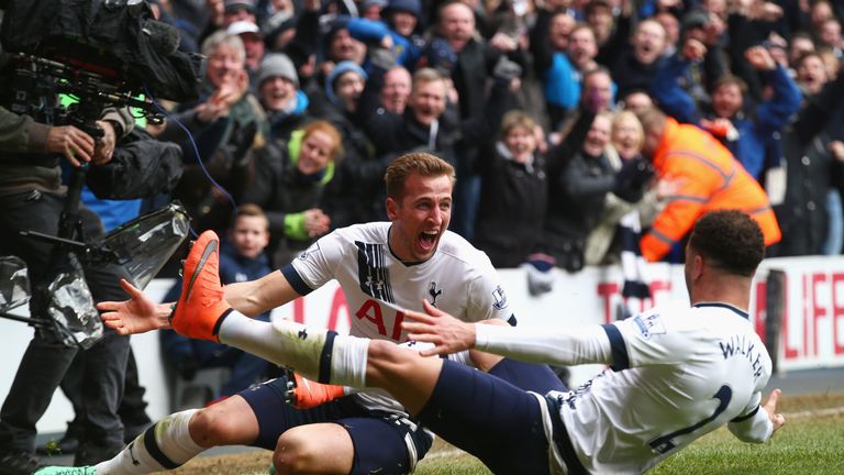Harry Kane of Tottenham celebrates scoring his team's second goal with Kyle Walker 