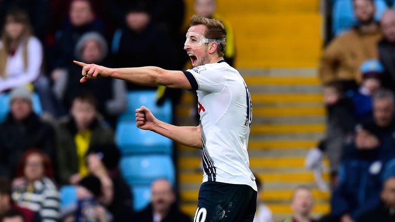 Harry Kane celebrates as he scores their first goal during the Barclays Premier League match between Aston Villa and Tottenham Hotspur at Villa Park