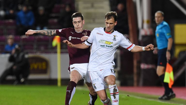 Jamie Walker battles for the ball against Lewis Horner 