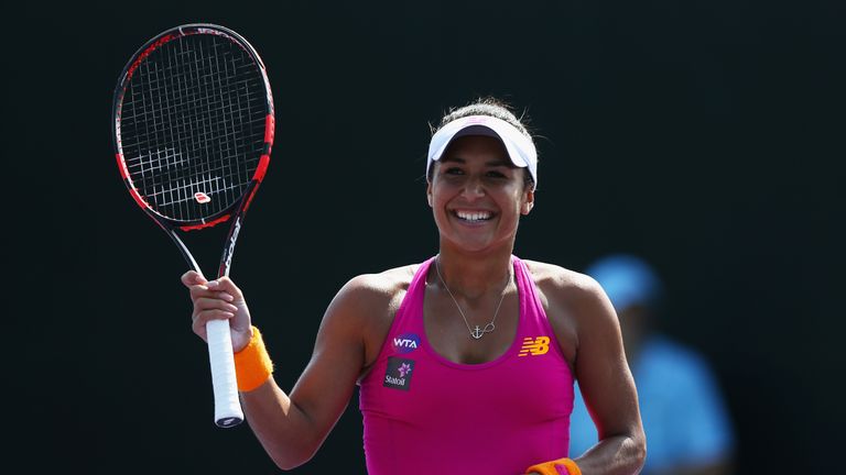 KEY BISCAYNE, FL - MARCH 26:  Heather Watson of Great Britain celebrates to the crowd after her three set victory 