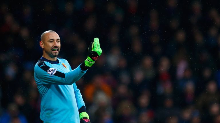 LONDON, ENGLAND - FEBRUARY 13:  Heurelho Gomes of Watford gives instructions during the Barclays Premier League match between Crystal Palace and Watford at