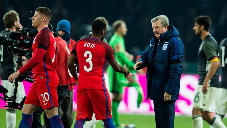 Englands manager Roy Hodgson greet his players at the 