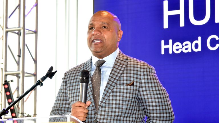 NFL head coach Hue Jackson speaks onstage during the 29th Annual Leigh Steinberg Super Bowl Party