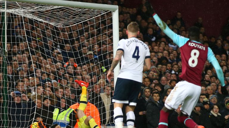 Tottenham goalkeeper Hugo Lloris fails to keep out Michail Antonio's header