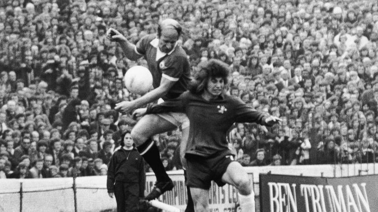Ian Britton in action for Chelsea against Bobby Charlton and Manchester United at Stamford Bridge in April 1973