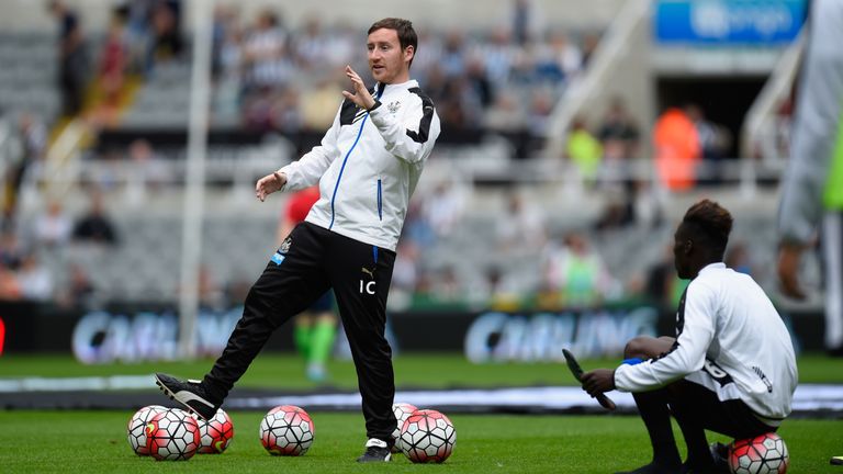 NEWCASTLE UPON TYNE, ENGLAND - AUGUST 09:   Ian Cathro assistant manager of Newcastle United oversees the warm up prior to the Barclays Premier League matc