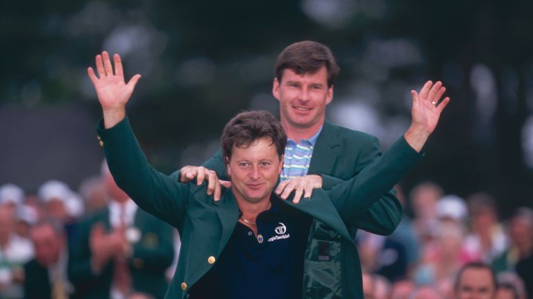 Ian Woosnam receives the green jacket from Nick Faldo after winning the 1991 Masters tournament