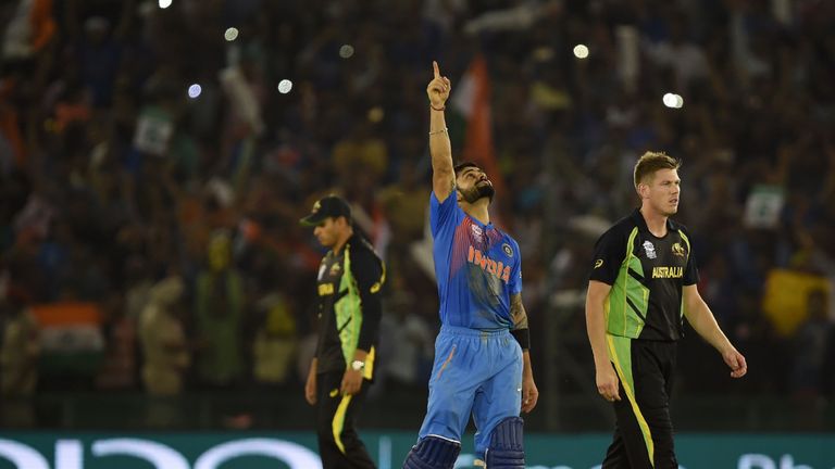 India's Virat Kohli celebrates after victory in the World T20  clash with Australia