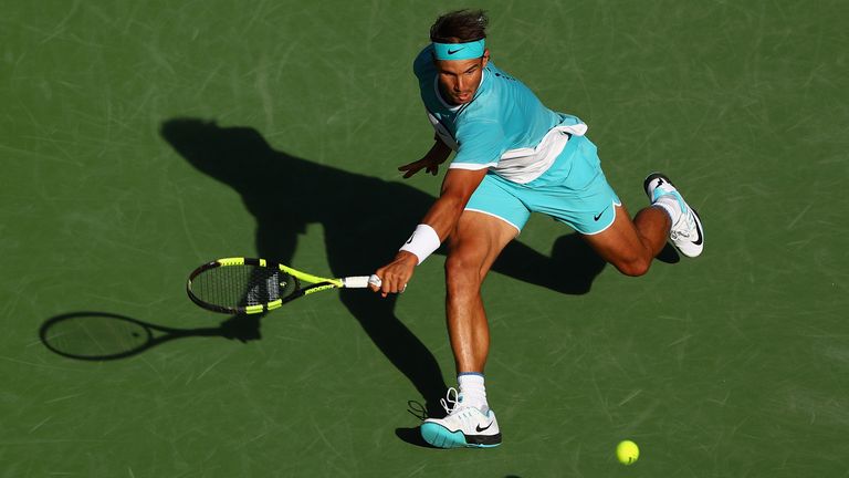 INDIAN WELLS, CA - MARCH 15:  Rafael Nadal of Spain in action against Fernando Verdasco of Spain during day nine of the BNP Paribas Open at Indian Wells .