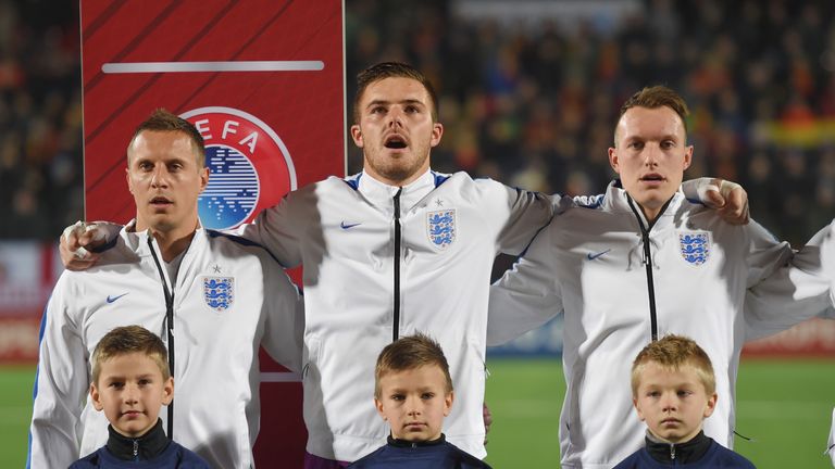 Phil Jagielka, Jack Butland and Phil Jones of England line up before the UEFA EURO 2016 qualifier match between Lituania and England on October 12, 2015
