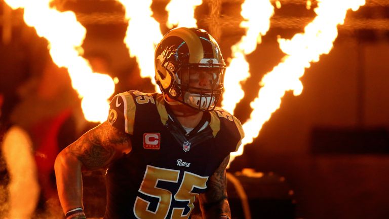 ST. LOUIS, MO - OCTOBER 25: James Laurinaitis #55 of the St. Louis Rams takes to the field during player introductions before a game against the Cleveland 