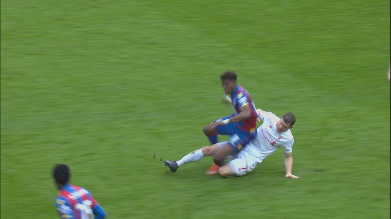 James Milner's second yellow card was given after a challenge on Wilfried Zaha