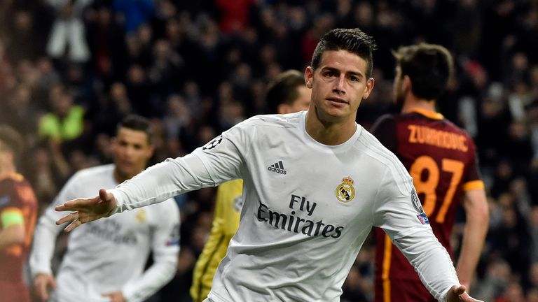 James Rodriguez celebrates after scoring  during the UEFA Champions League round of 16, second leg match Real Madrid vs Roma at the Santiago Bernabeu