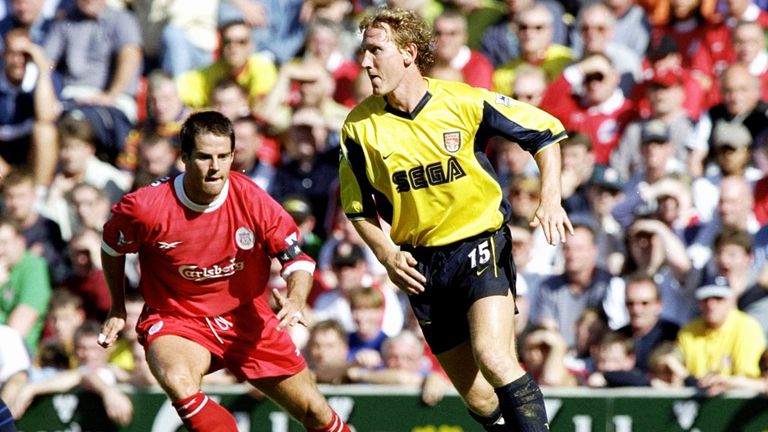 Ray Parlour (r) made his debut against Liverpool at Anfield in 1992