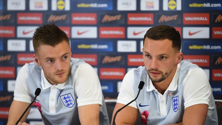 Danny Drinkwater and Jamie Vardy of England talk to the press