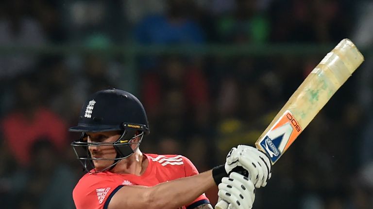 England's Jason Roy crashes a boundary in the World T20 semi-final