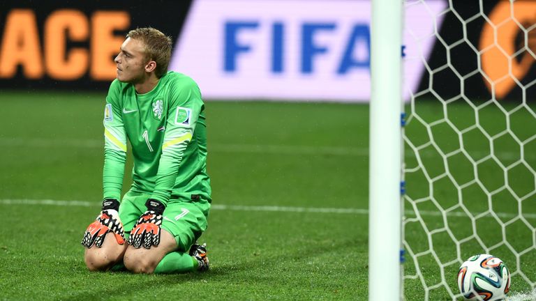 SAO PAULO, BRAZIL - JULY 09:  Jasper Cillessen of the Netherlands sits on the pitch after failing to save the penalty kick of Maxi Rodriguez of Argentina (