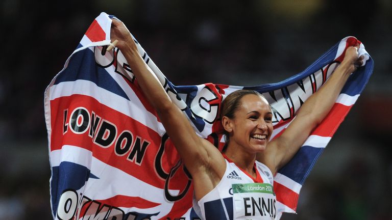 Jessica Ennis-Hill celebrates winning gold in the Women's Heptathlon on Day 8 - Super Saturday - of the London 2012 Olympic Games