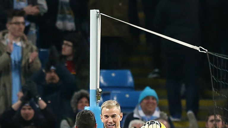 Manchester City goalkeeper Joe Hart celebrates at the end of the game