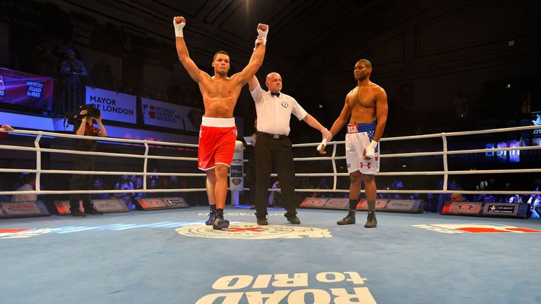 Joe Joyce of the British Lionhearts celebrates beating Brandon Lynch of the USA Knockouts