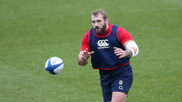 Joe Marler catches the ball during the England training session held at Pennyhill Park