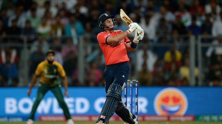 Joe Root of England hits out for six runs during the ICC World Twenty20 India 2016 Super 10s Group 1 match between South Africa and England