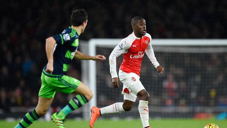 Joel Campbell of Arsenal in action against Swansea