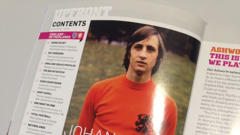 England paid tribute to Johan Cruyff in the programme for Tuesday's friendly against the Netherlands