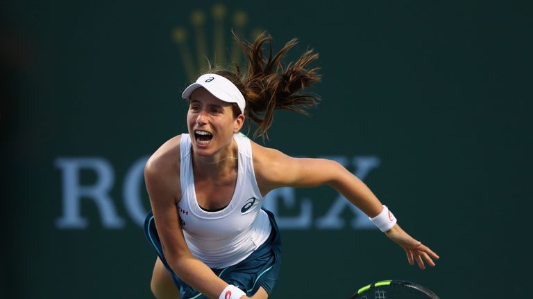 Johanna Konta battles fruitlessly against Karolina Pliskova at Indian Wells.