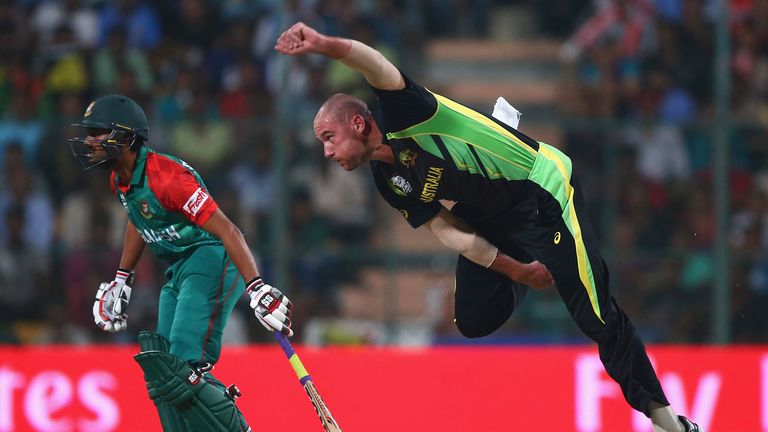 John Hastings of Australia bowls against Bangladesh in World Twenty20